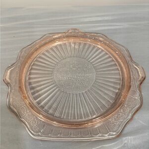 Vintage Pink Depression Glass Handled Serving Plate Floral Sunray Pattern
